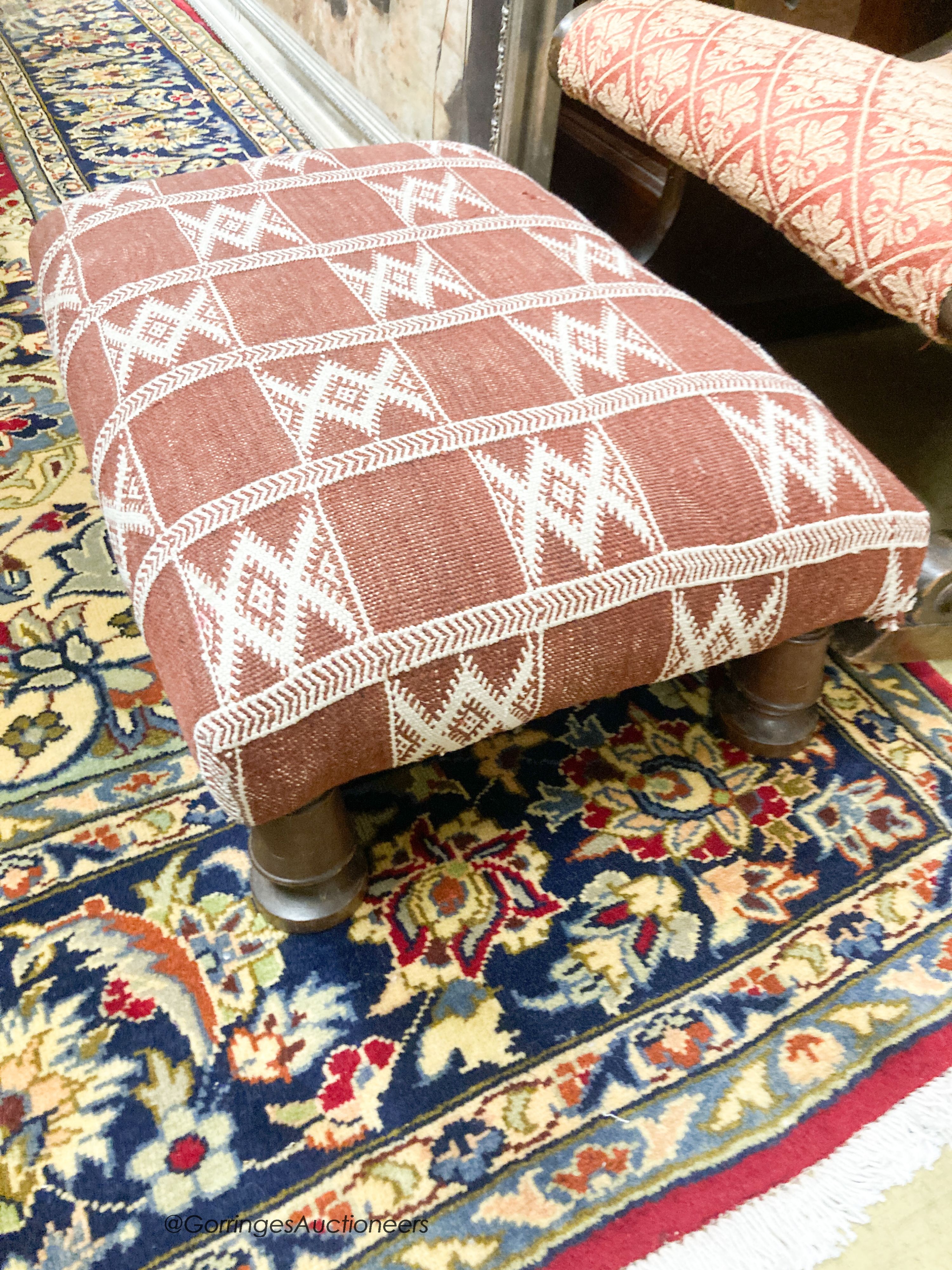 A small rectangular Kelim foot stool, 63 x 43cm together with a Victorian style rocking chair